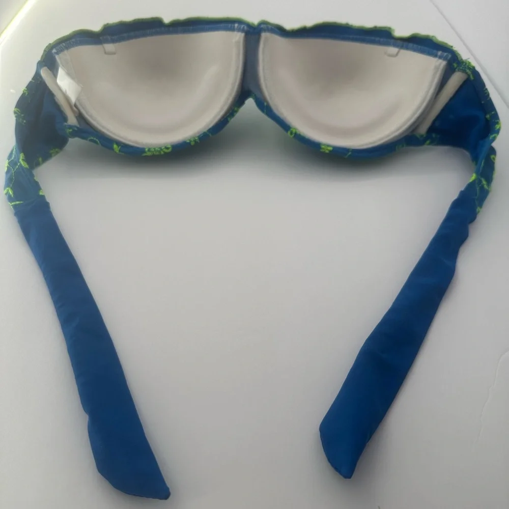 Blue Floral Embroidered Bikini Set with Neon Green Accents Size S